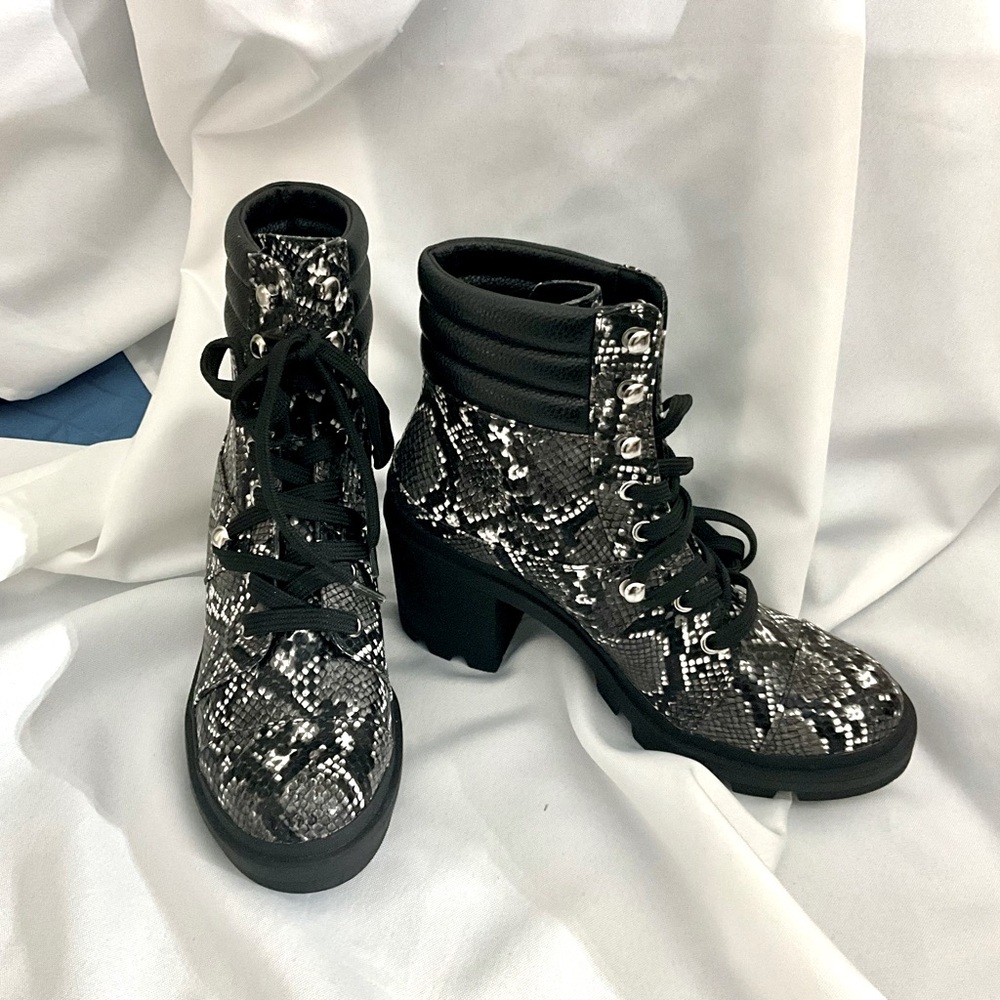 Nwot Rampage Lace Up Python Pattern Moto Combat B… - image 1